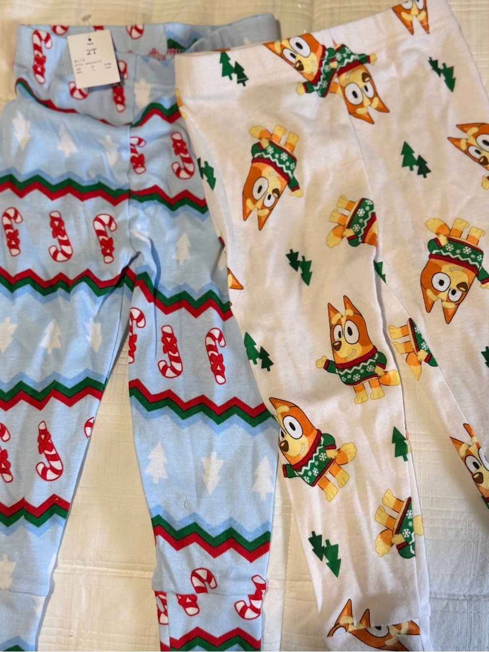 Kids Bluey Holiday Pajama Leggings - Light Blue & White Candy Cane & Fox Print